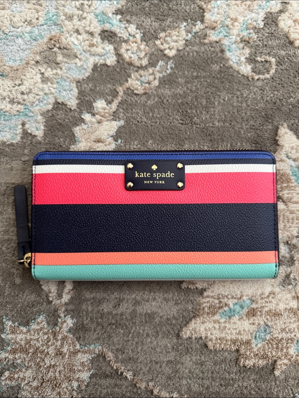 kate spade Striped Zip Wallet - Coral, Navy, Mint, White
